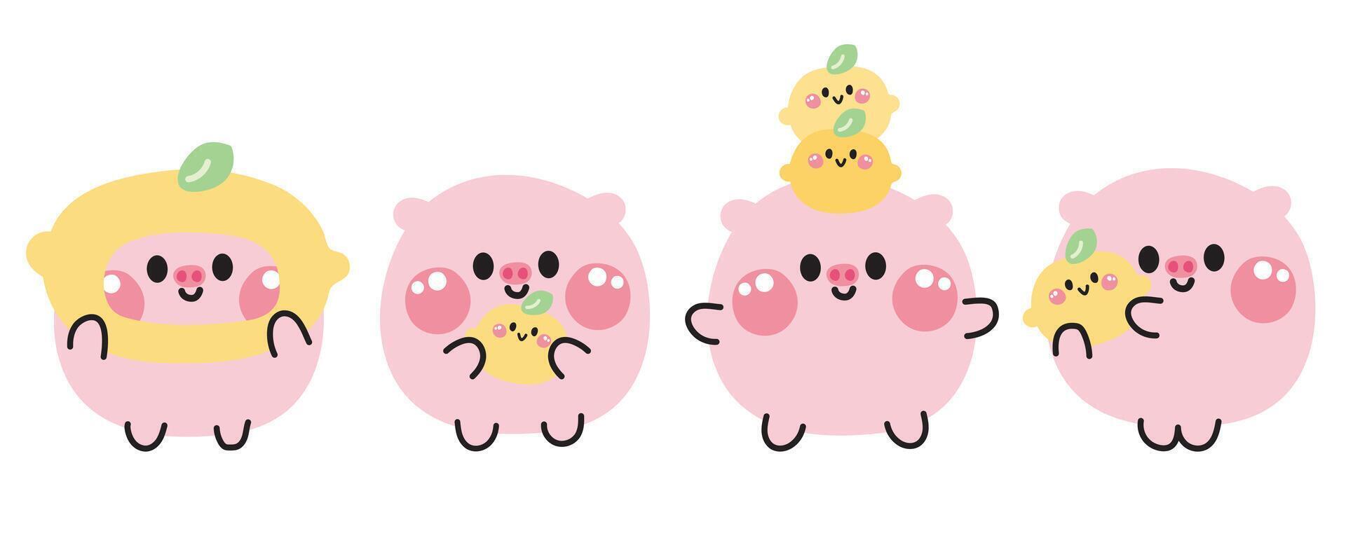 Set of cute various poses smile face pig with lemon.Fruits and vegetables.Farm animal character cartoon design.Image for card,sticker,baby clothing.Kawaii.Illustration. vector