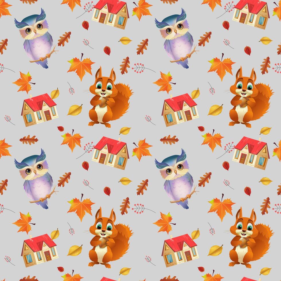 Cute seamless pattern with forest animals. Repeating image with cartoon animals for printing on wrapping paper. Autumn season. owl, squirrel, house. Village illustration vector