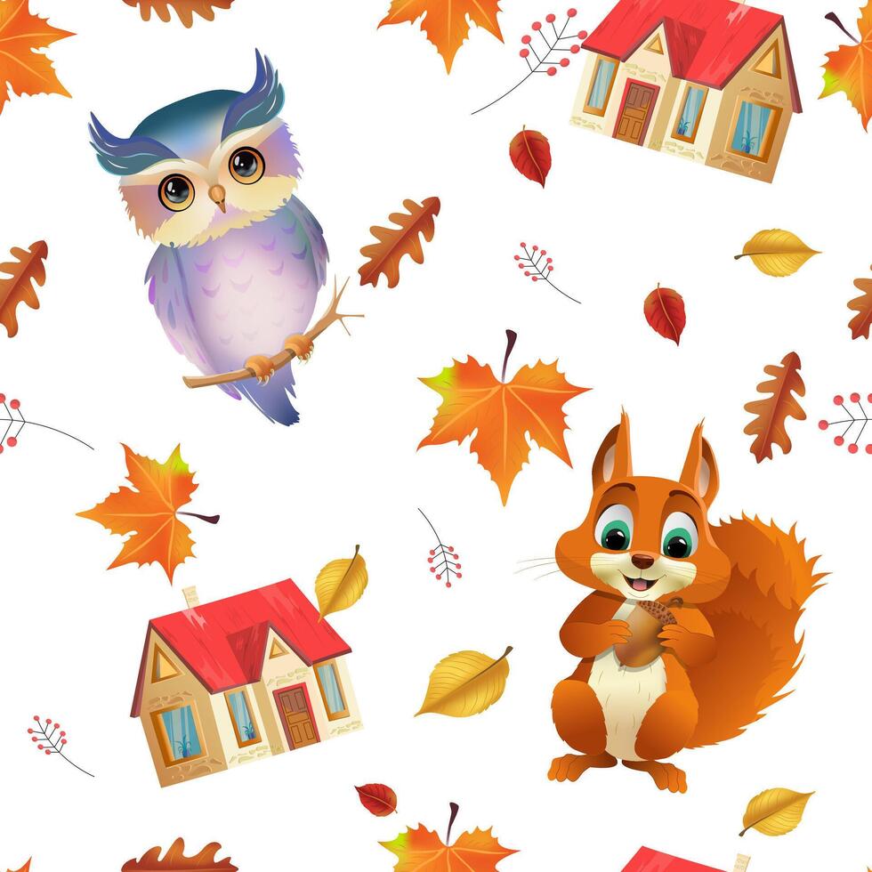 Cute seamless pattern with animals and house. Repeating image with cartoon animals for printing on wrapping paper. Autumn season. owl, squirrel. illustration vector