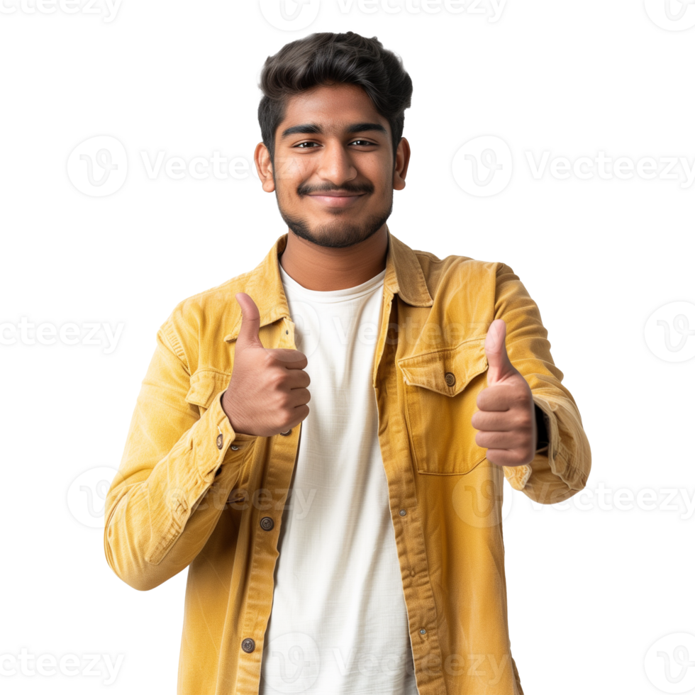 Smiling Man Giving Thumbs Up in Casual Outfit on Transparent Background png