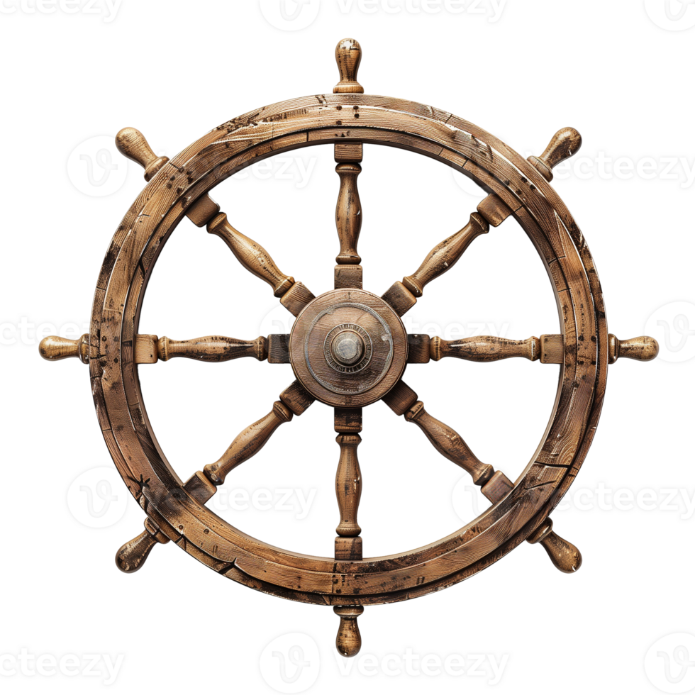 Antique Wooden Pirate Ship Steering Wheel on Transparent Background png