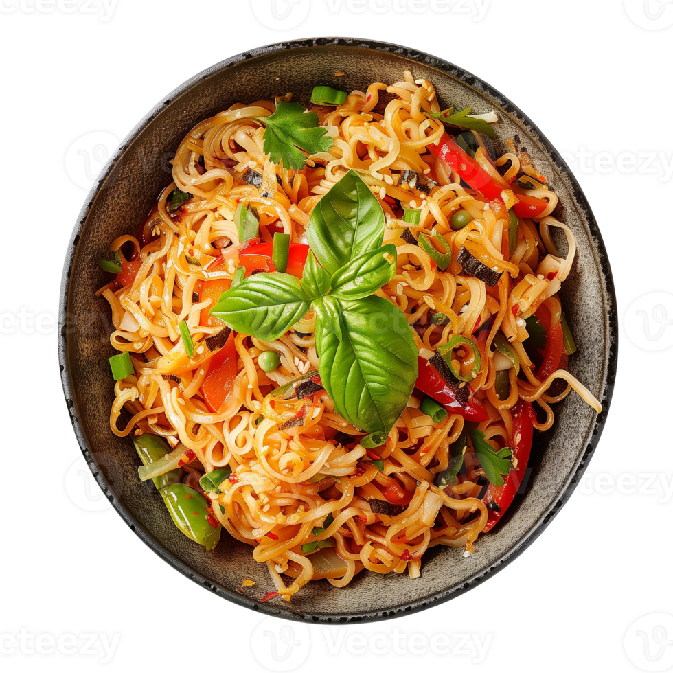 Delicious Rice Noodles Dish with Fresh Vegetables and Herbs png