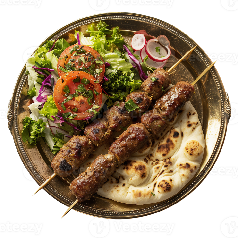 Delicious Seekh Kebab with Naan and Fresh Salad on Plate png