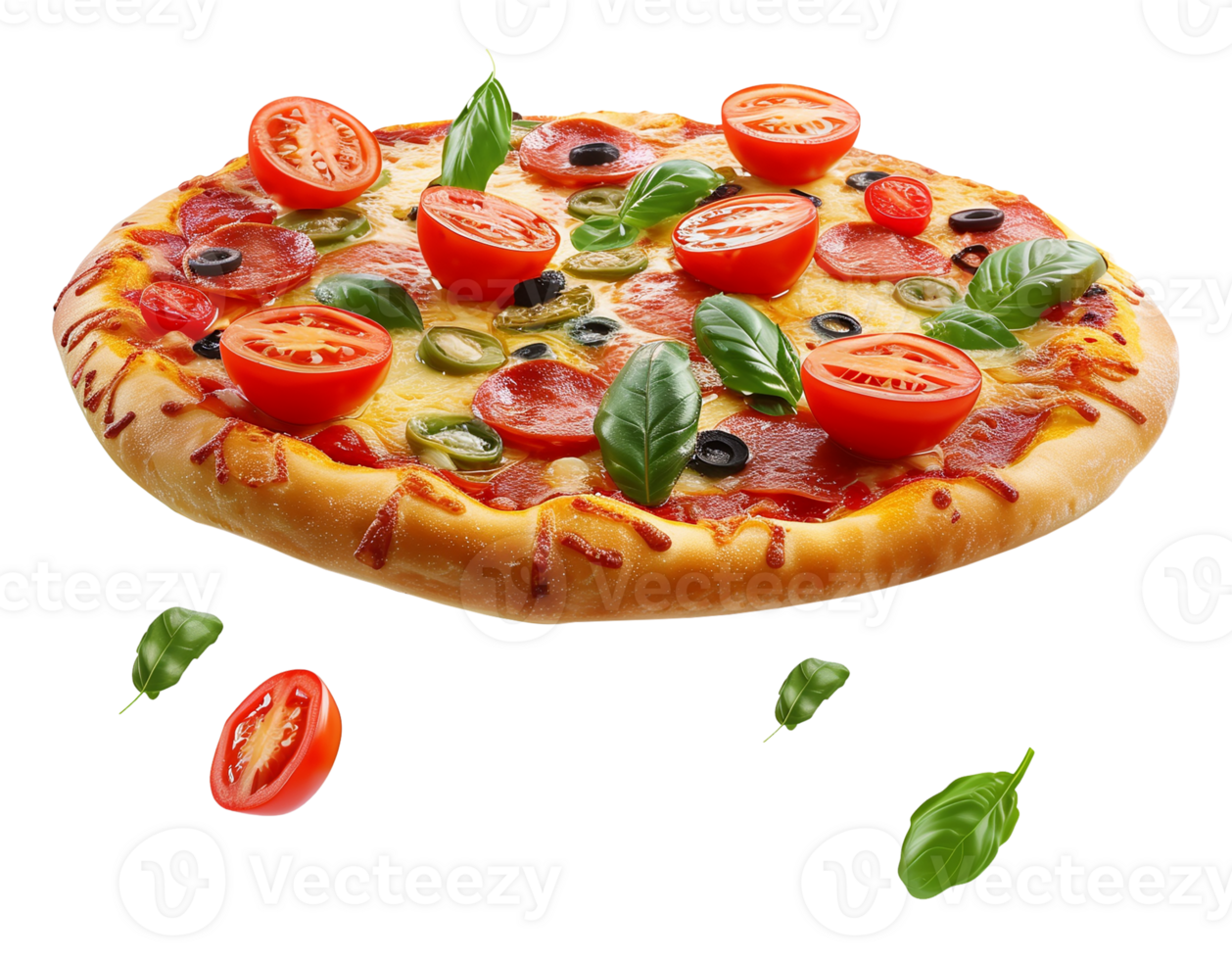 Floating Pizza with Fresh Toppings on Transparent Background png