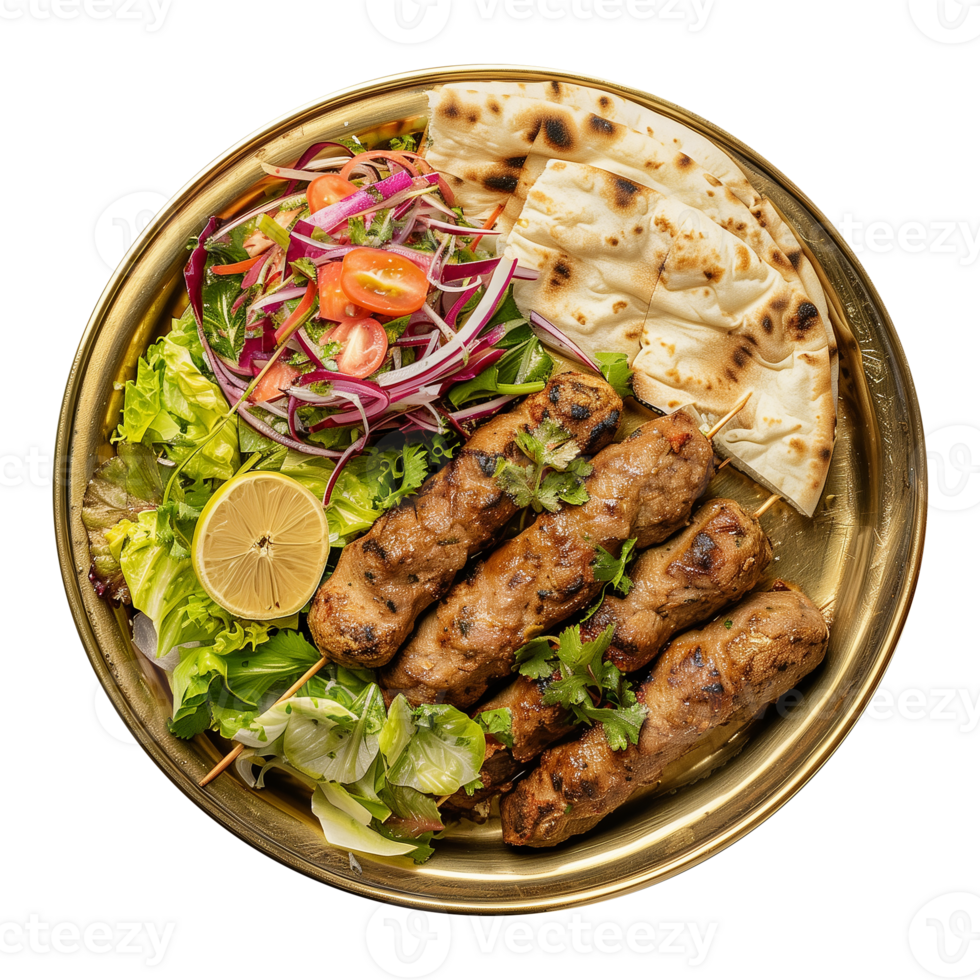 Seekh Kebab with Naan and Fresh Salad on a Plate png