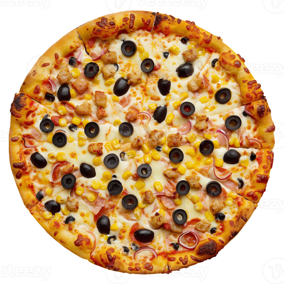 Delicious Pizza Topped with Olives, Corn, and Cheese png