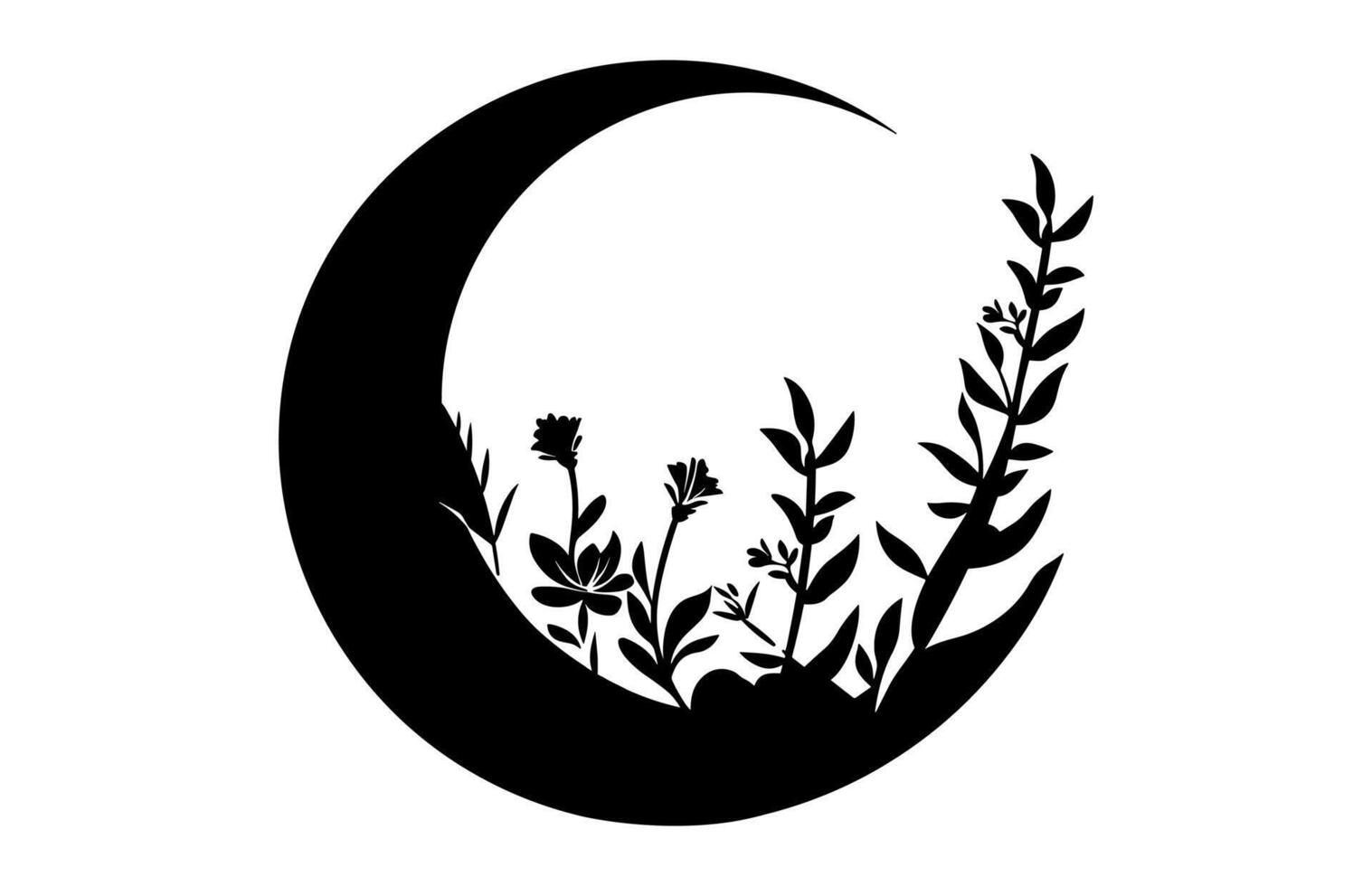Floral Crescent Moon Silhouette Clip art isolated on a white background vector