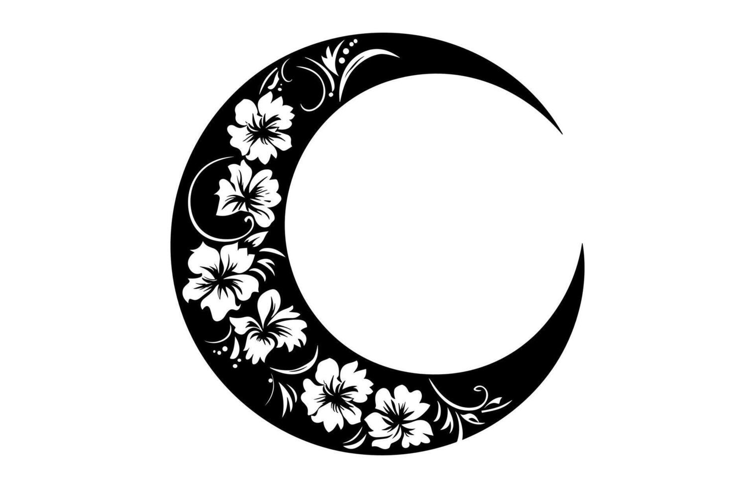 Crescent Moon Flower black Silhouette Clipart vector