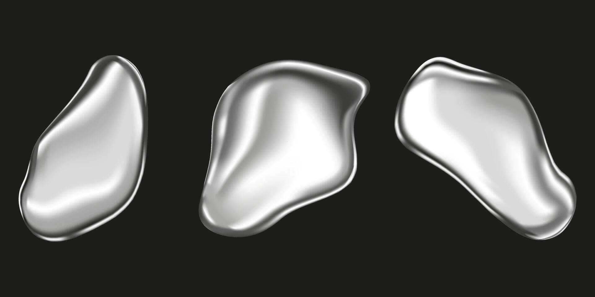 Set of metal drops realistically isolated on a black background. Silver ball, chrome sphere, liquid metal. Spherical 3D spheres. Precious stone. Illustration for your design and business eps10 vector