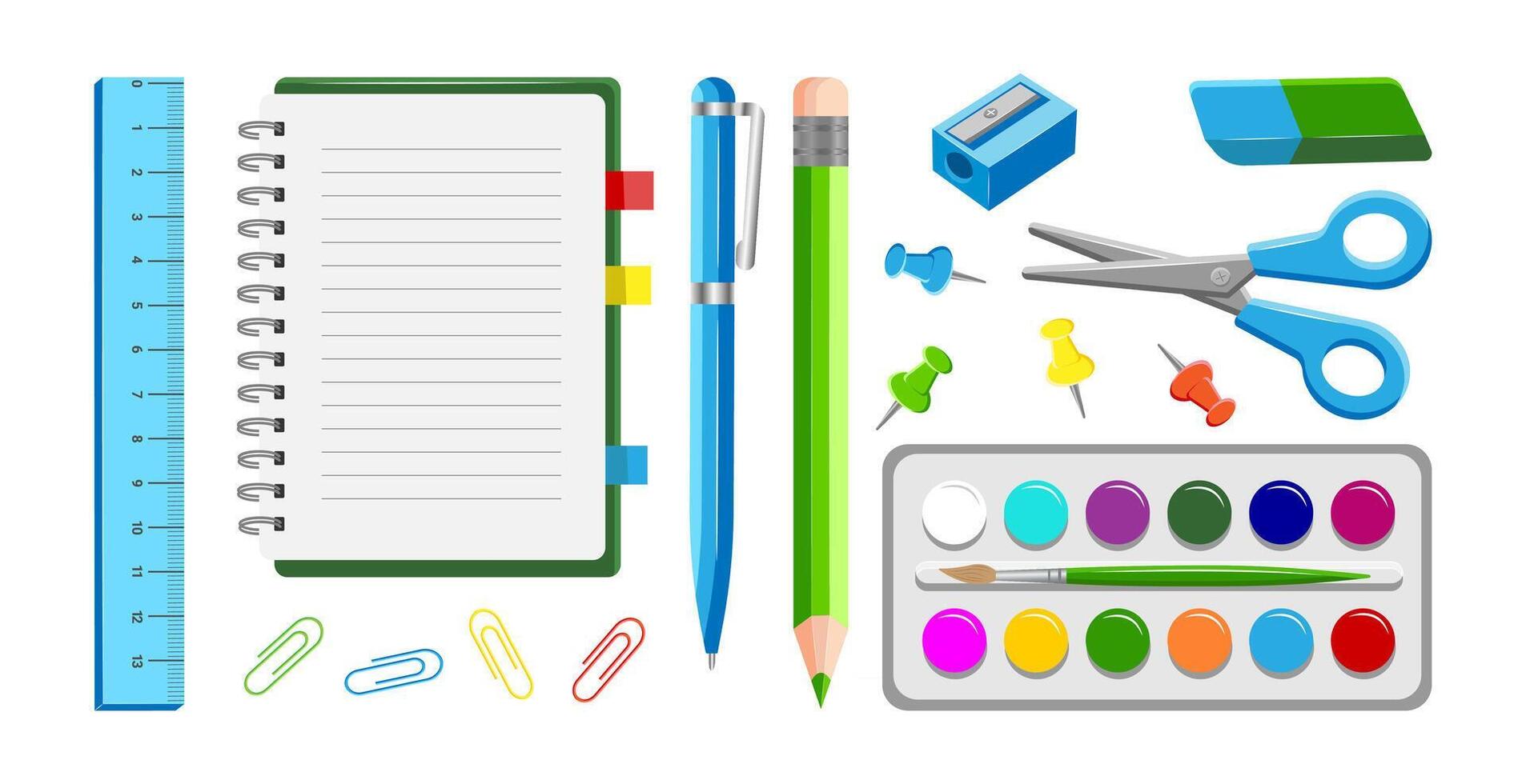 Back to School Set. School Supplies Illustration in Flat Style for School. Icons for Online Learning Notepad, Scissors, Paint, Pencil, Pen, Eraser, Sharpener, Ruler, Paperclip, Clip on White vector