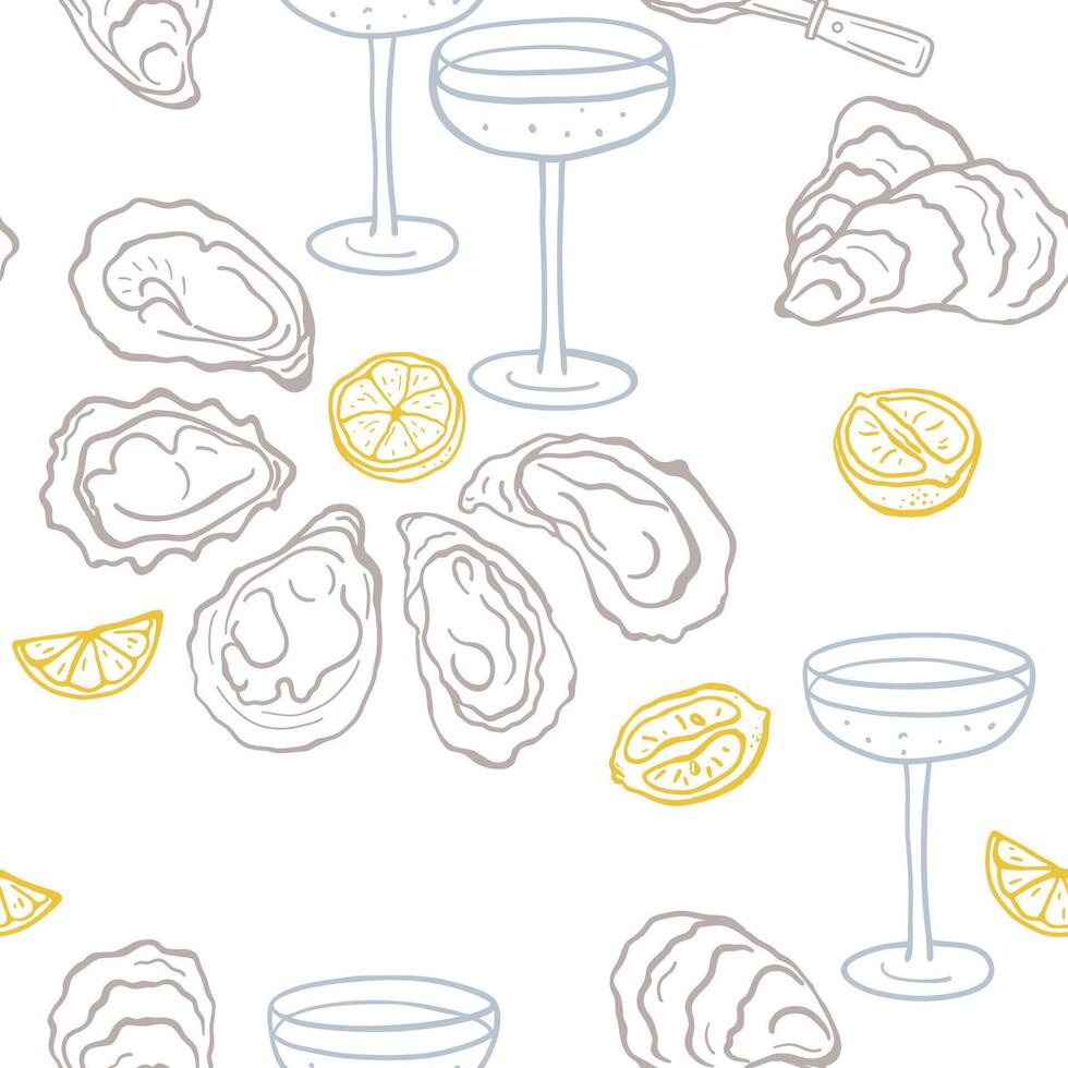 Hand drawn oyster, lemons and champagne seamless pattern. Design for menu, cover, wrapping paper, textile vector