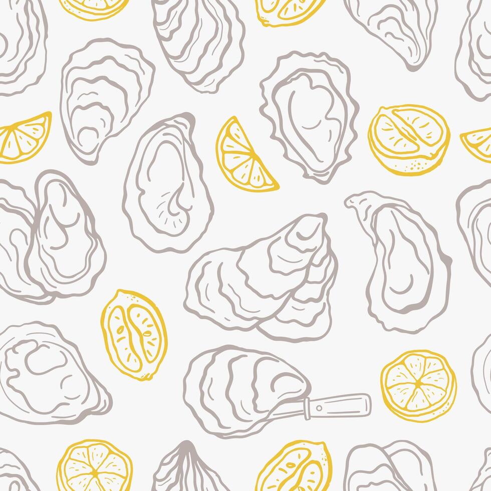 Hand drawn oyster and lemons seamless pattern. Two colors simple design for menu, cover, wrapping paper, textile vector