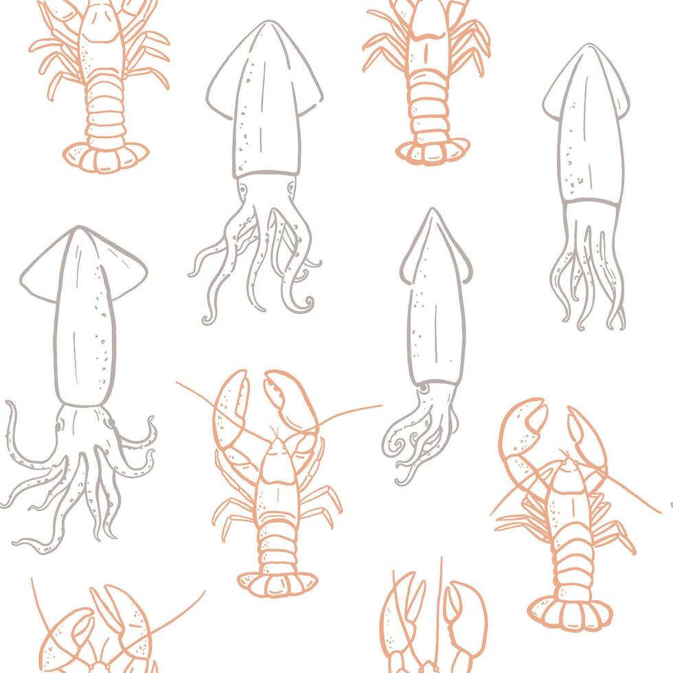 Hand drawn squids and lobsters seamless pattern. Seafood design for textile, restaurant, market, wrapping paper vector
