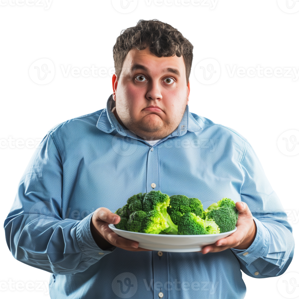 Young Man Holding Plate with Broccoli, Unsure Expression png