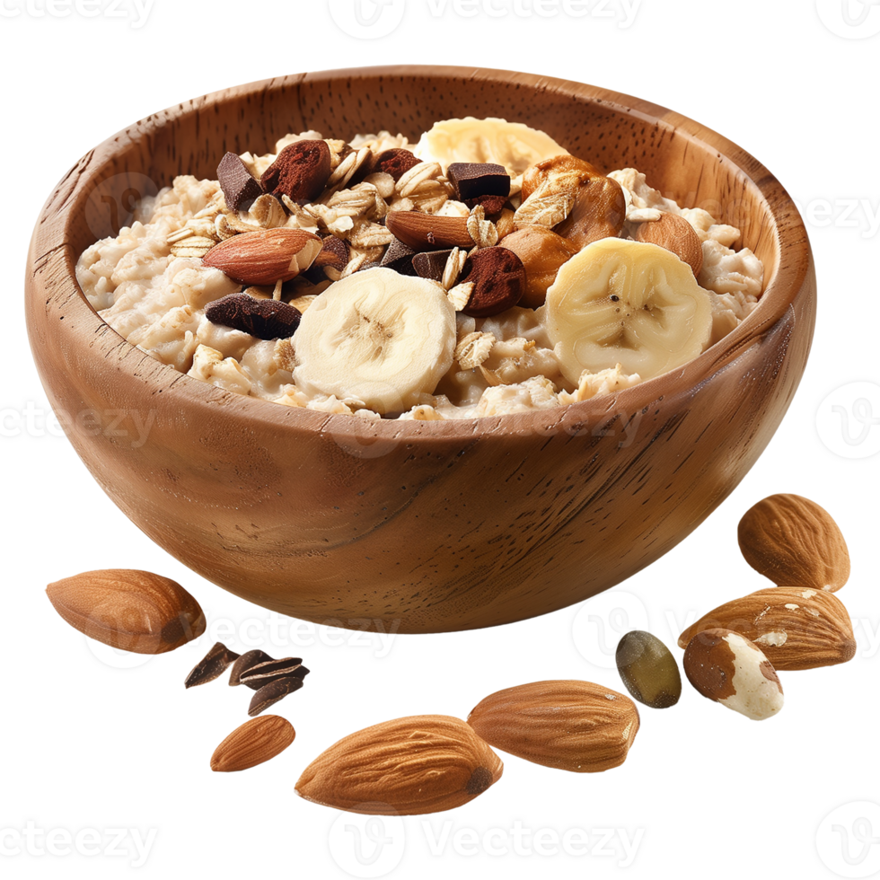 Healthy Oatmeal Breakfast with Nuts and Fruit in Wooden Bowl png