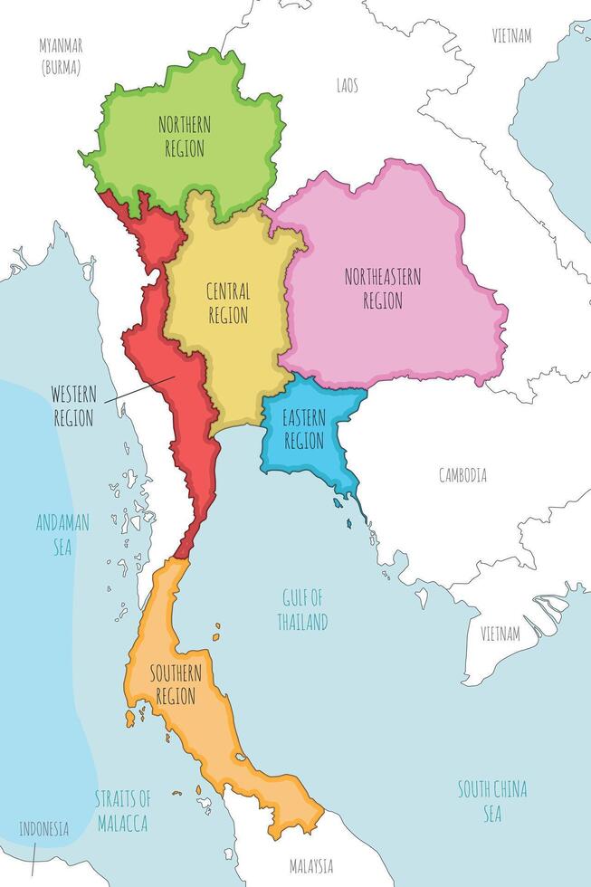 illustrated map of Thailand with regions and administrative divisions, and neighbouring countries and territories. Editable and clearly labeled layers. vector