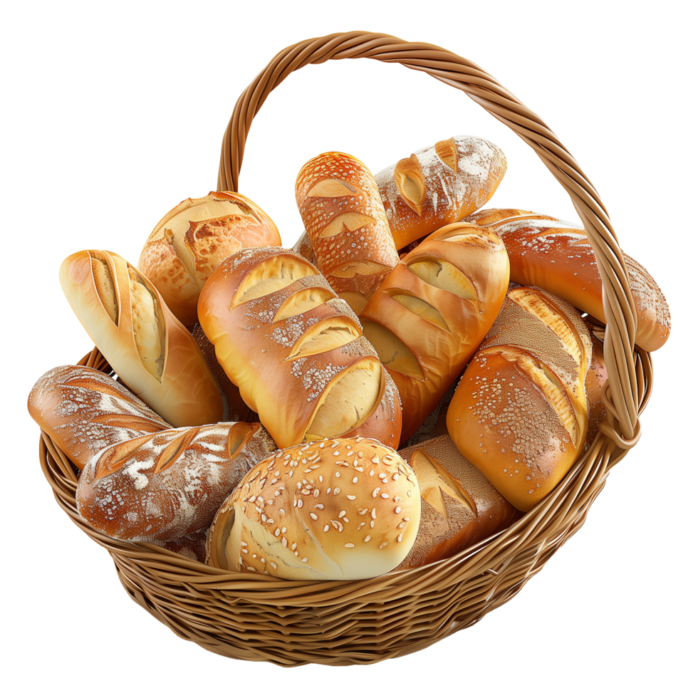 Assorted Fresh Bread Loaves in a Wicker Basket png