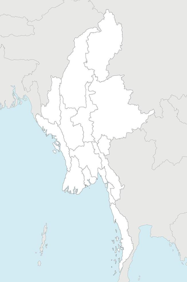 blank map of Myanmar with regions, states and administrative divisions, and neighbouring countries and territories. Editable and clearly labeled layers. vector