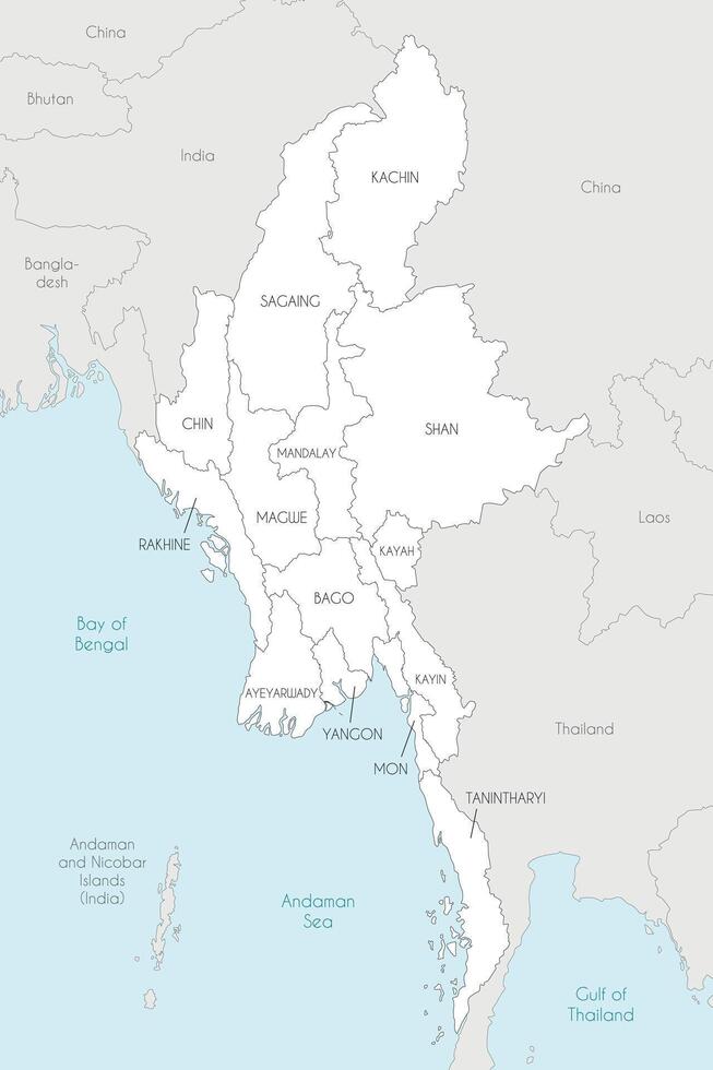 map of Myanmar with regions, states and administrative divisions, and neighbouring countries and territories. Editable and clearly labeled layers. vector