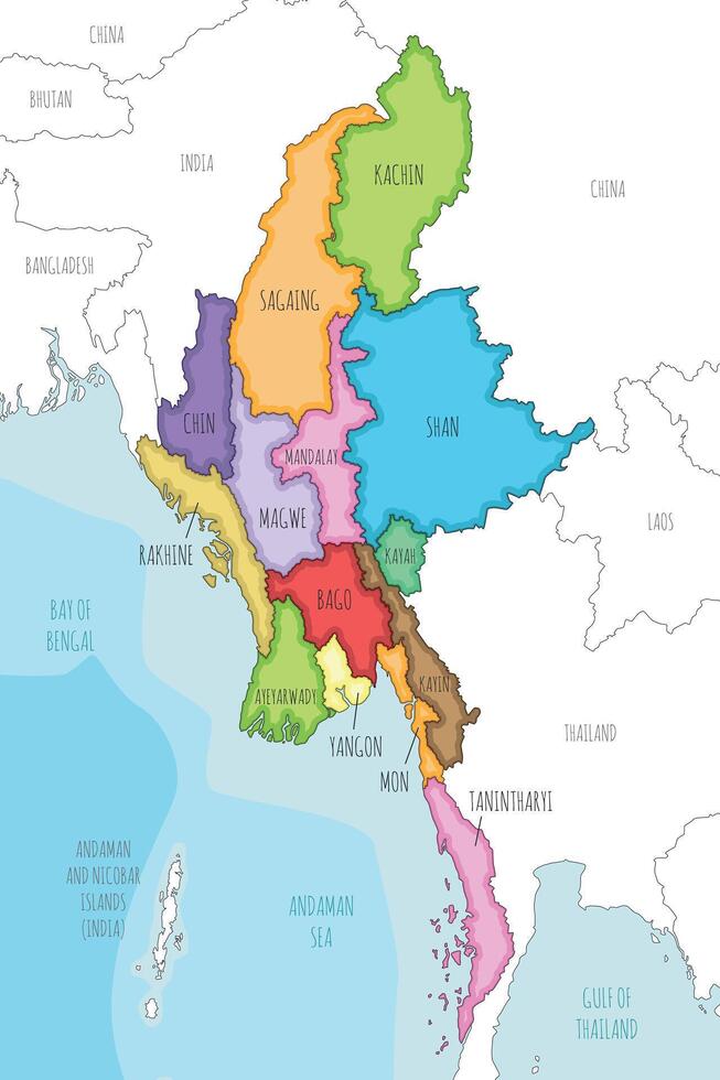 illustrated map of Myanmar with regions, states and administrative divisions, and neighbouring countries and territories. Editable and clearly labeled layers. vector