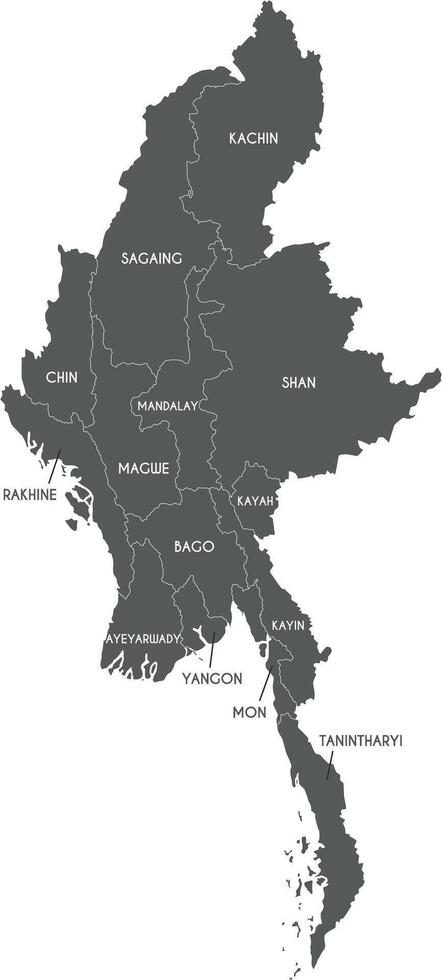 map of Myanmar with regions, states and administrative divisions. Editable and clearly labeled layers. vector