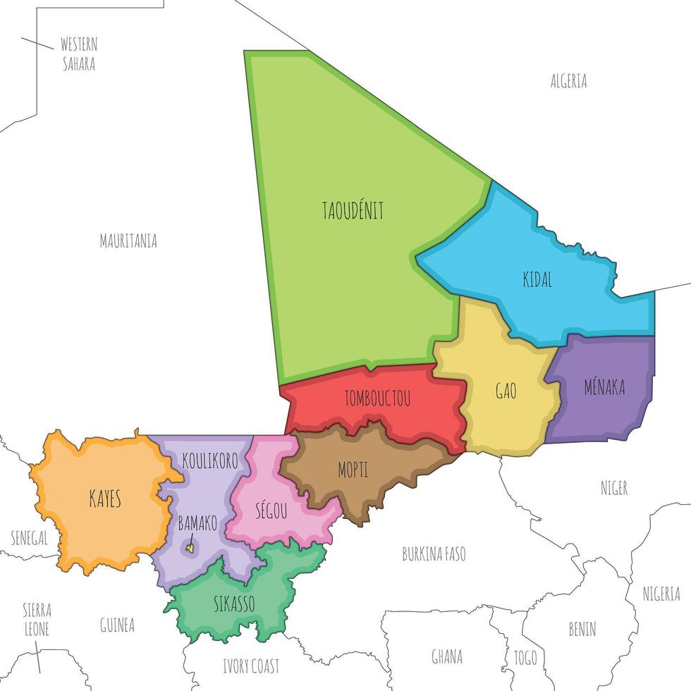 illustrated map of Mali with regions, capital district and administrative divisions, and neighbouring countries. Editable and clearly labeled layers. vector