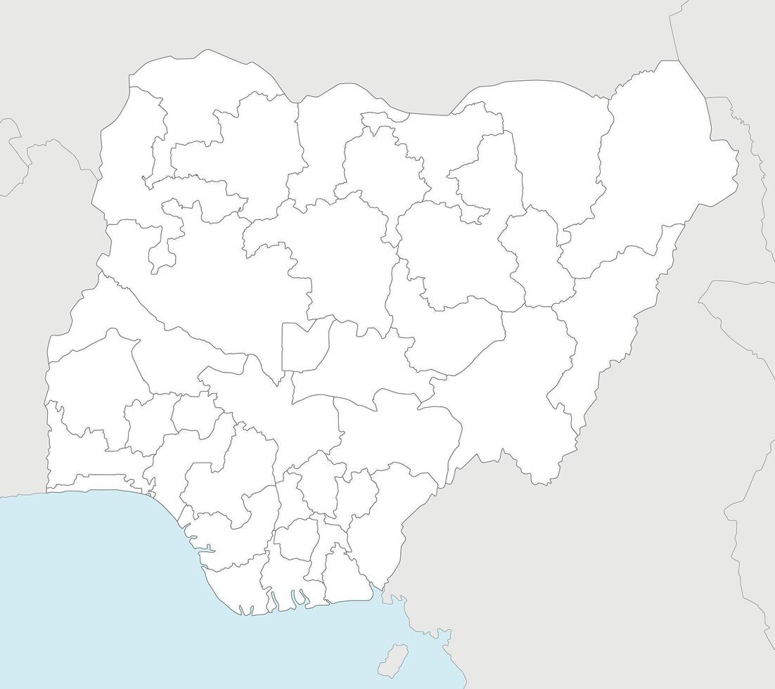 regional blank map of Nigeria with states and administrative divisions, and neighbouring countries and territories. Editable and clearly labeled layers. vector