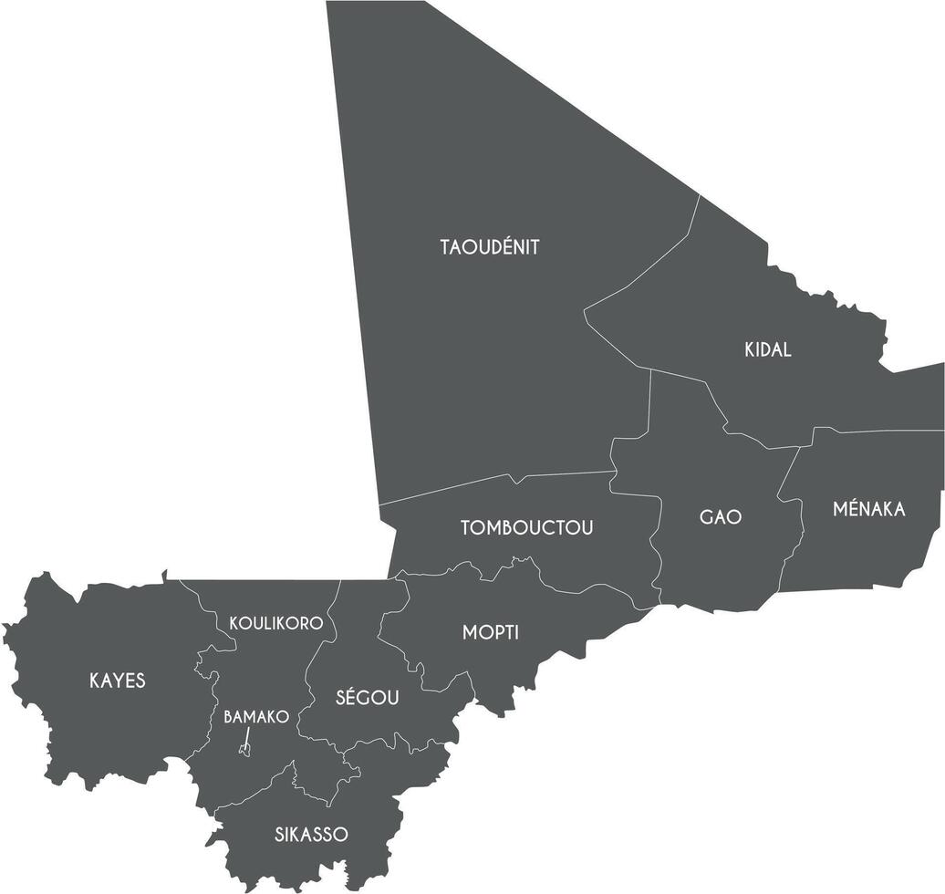map of Mali with regions, capital district and administrative divisions. Editable and clearly labeled layers. vector