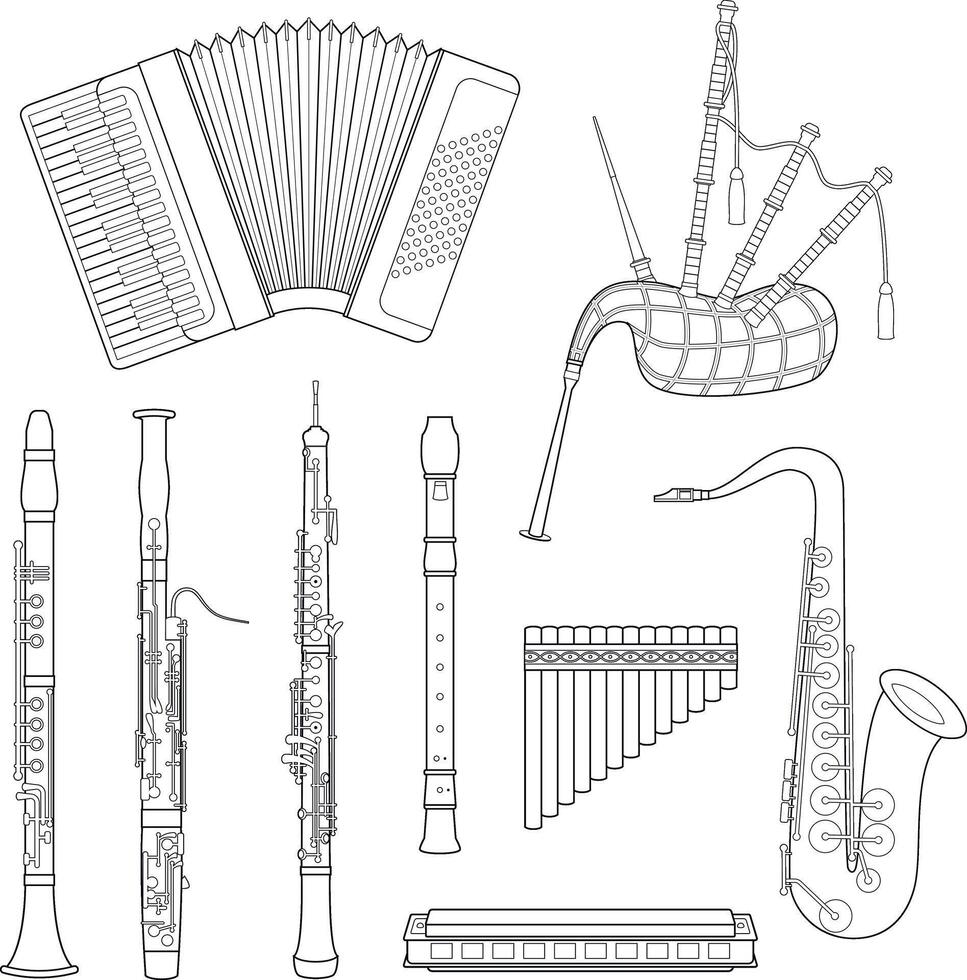 illustration set of woodwind musical instruments for coloring in cartoon style isolated on white background vector