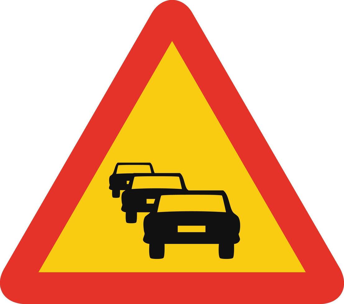 Triangular traffic signal in yellow and red, isolated on white background. Temporary warning of vehicle jam vector