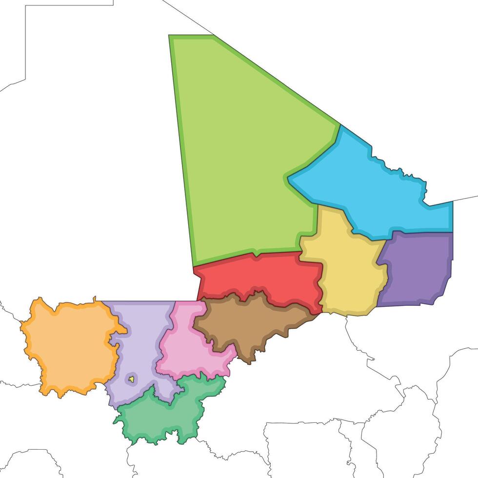 illustrated blank map of Mali with regions, capital district and administrative divisions, and neighbouring countries. Editable and clearly labeled layers. vector
