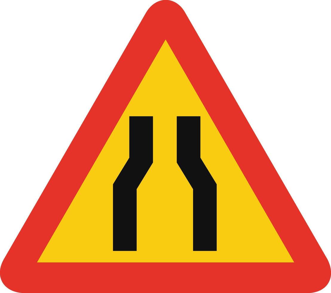 Triangular traffic signal in yellow and red, isolated on white background. Temporary warning of narrow road ahead vector