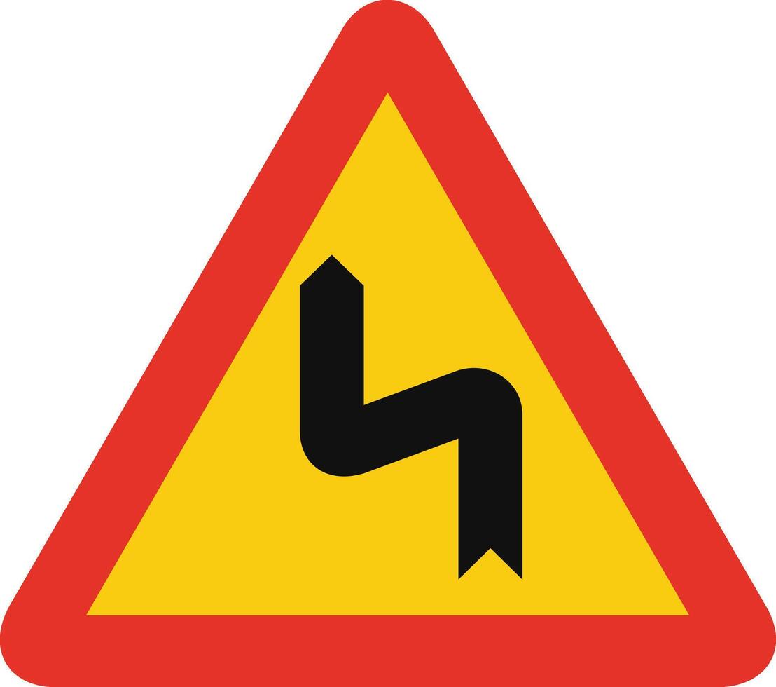 Triangular traffic signal in yellow and red, isolated on white background. Temporary warning of left reverse bend vector