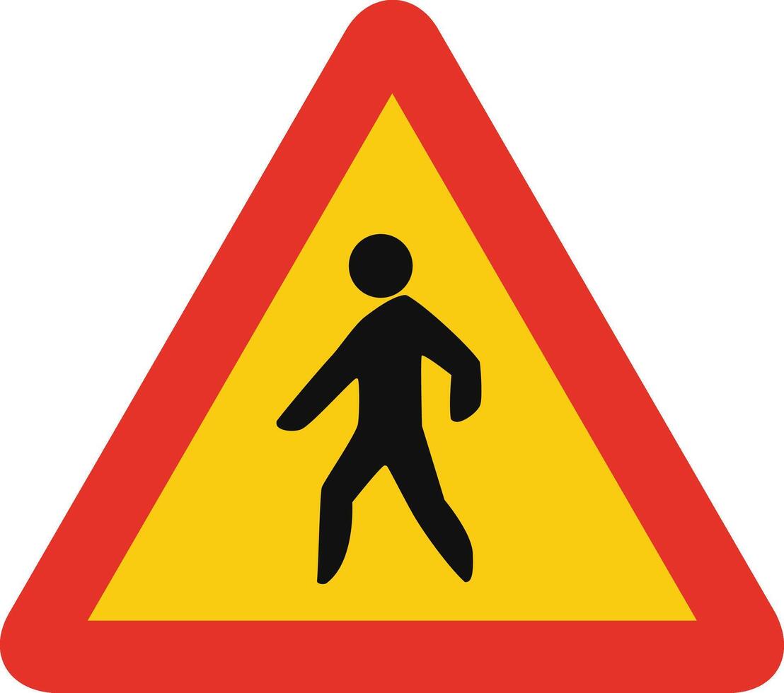 Triangular traffic signal in yellow and red, isolated on white background. Temporary warning of pedestrian crossing vector