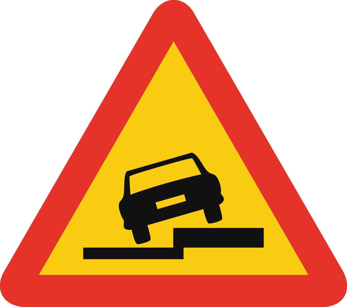 Triangular traffic signal in yellow and red, isolated on white background. Temporary warning of side slope on the right vector