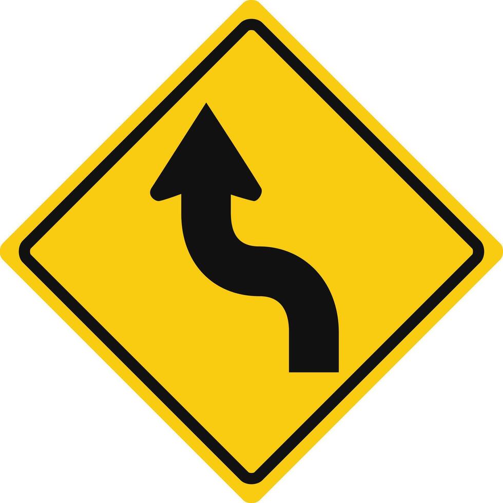 Rhomboid traffic signal in yellow and black, isolated on white background. Warning of reverse turn starting with left turn vector