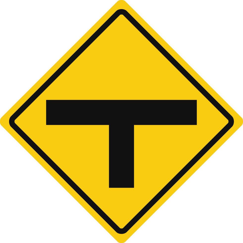 Rhomboid traffic signal in yellow and black, isolated on white background. Warning of T intersection vector