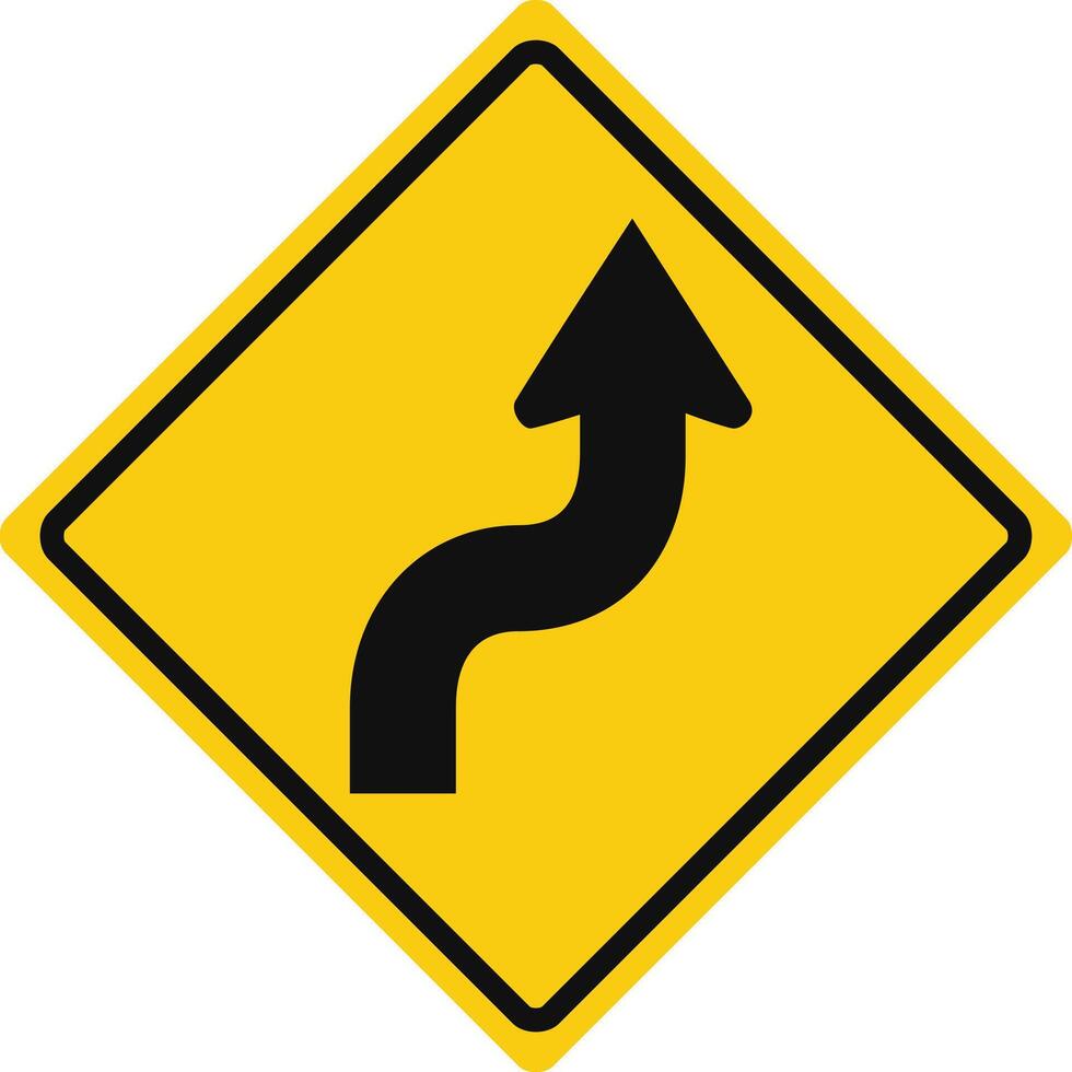 Rhomboid traffic signal in yellow and black, isolated on white background. Warning of reverse turn starting with right turn vector
