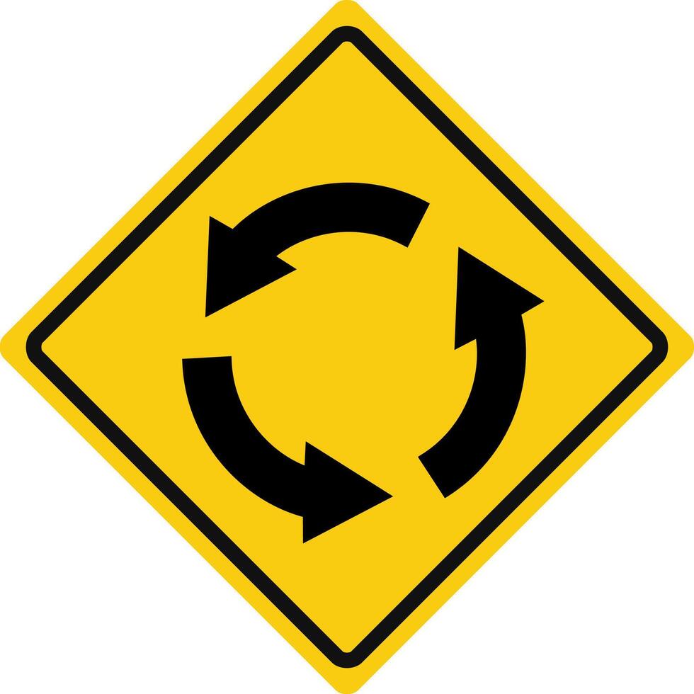 Rhomboid traffic signal in yellow and black, isolated on white background. Warning of roundabout ahead vector