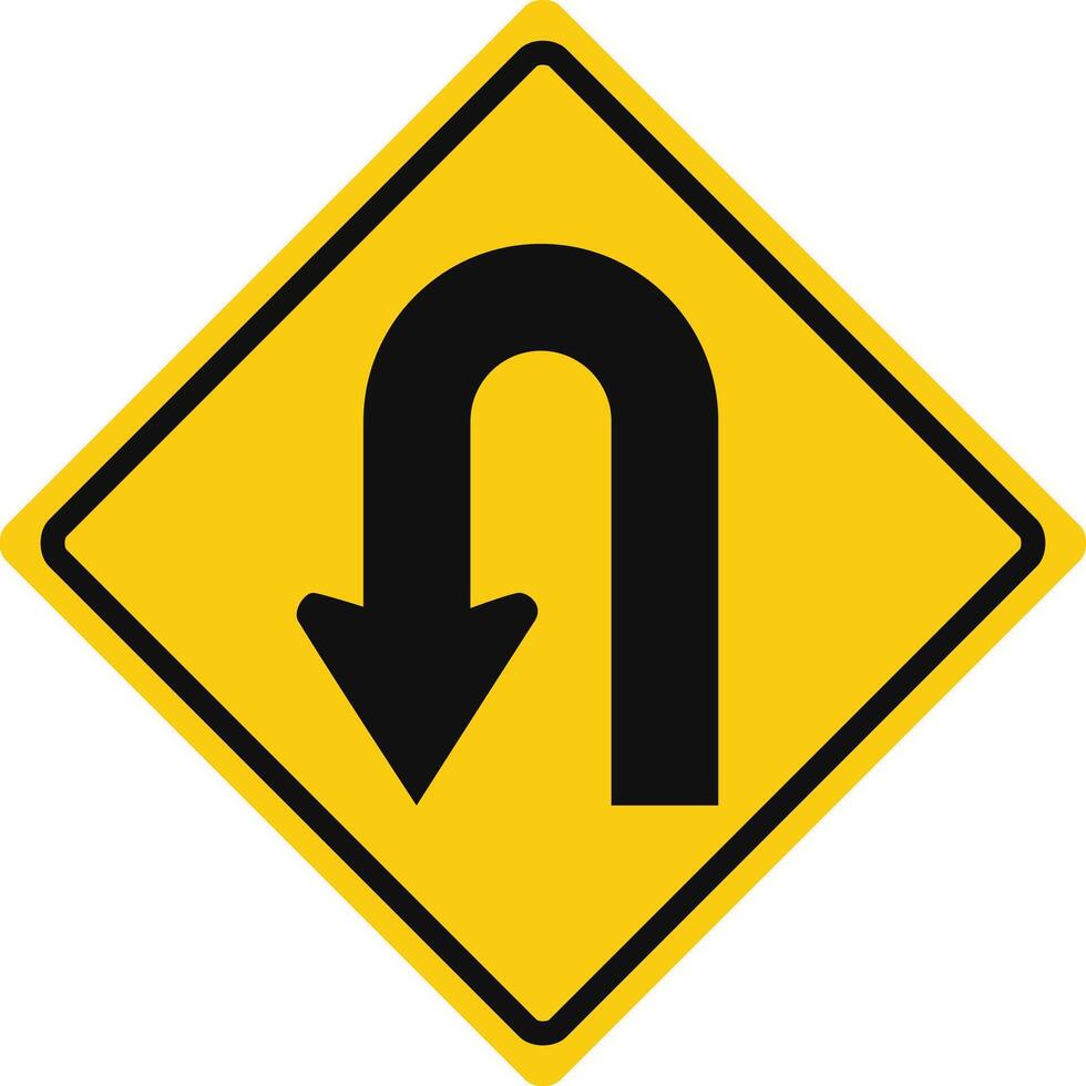 Rhomboid traffic signal in yellow and black, isolated on white background. U-Turn on the left vector