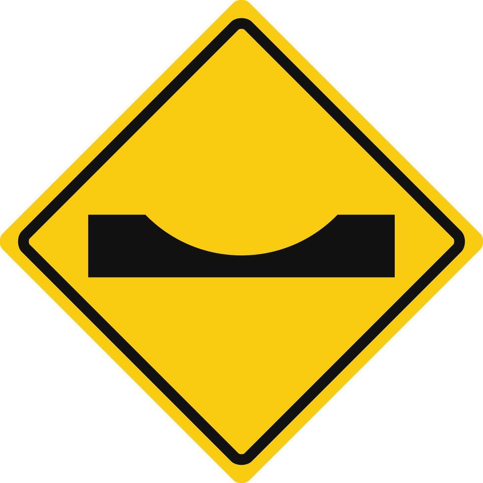 Rhomboid traffic signal in yellow and black, isolated on white background. Warning of dangerous dip vector