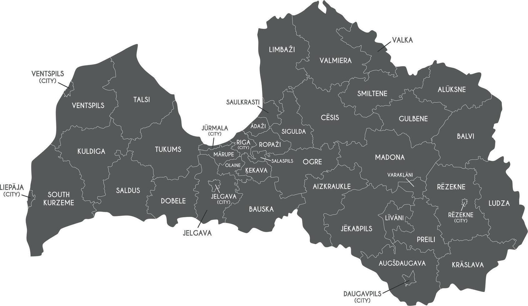 regional map of Latvia with state cities and municipalities, and administrative divisions. Editable and clearly labeled layers. vector