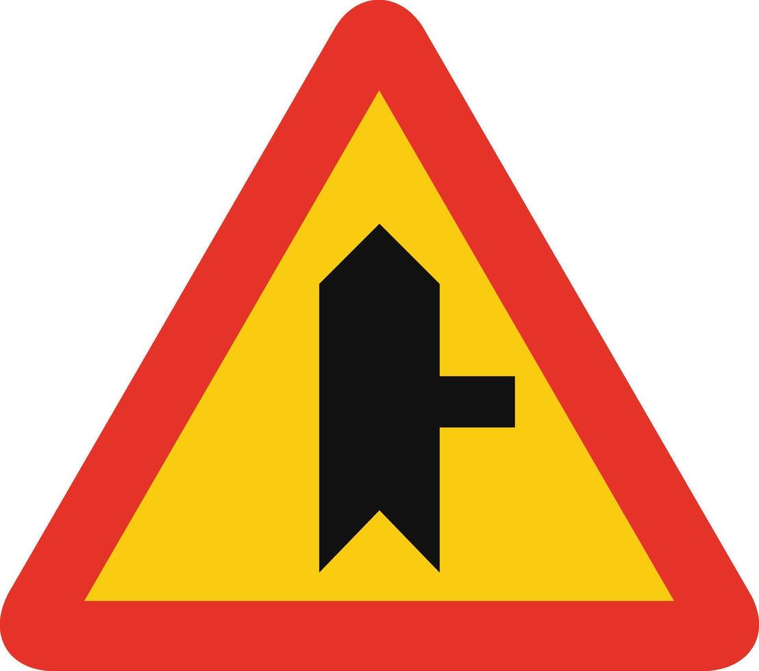 Triangular traffic signal in yellow and red, isolated on white background. Temporary warning of side road on the right vector