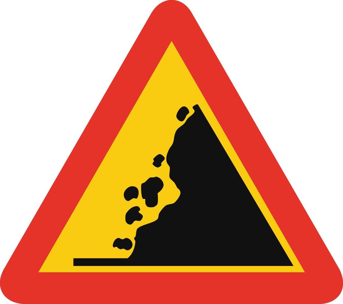 Triangular traffic signal in yellow and red, isolated on white background. Temporary warning of falling rocks vector