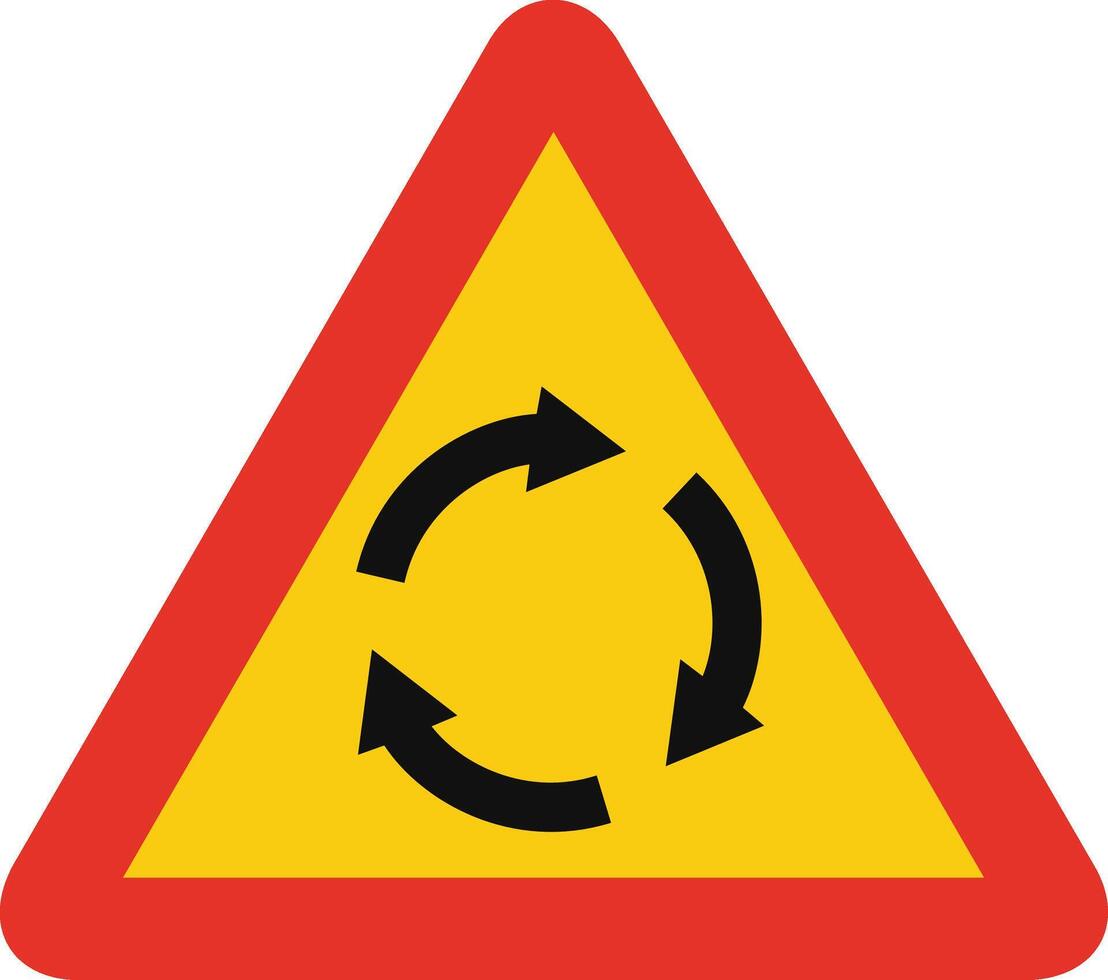 Triangular traffic signal in yellow and red, isolated on white background. Temporary warning of roundabout ahead vector