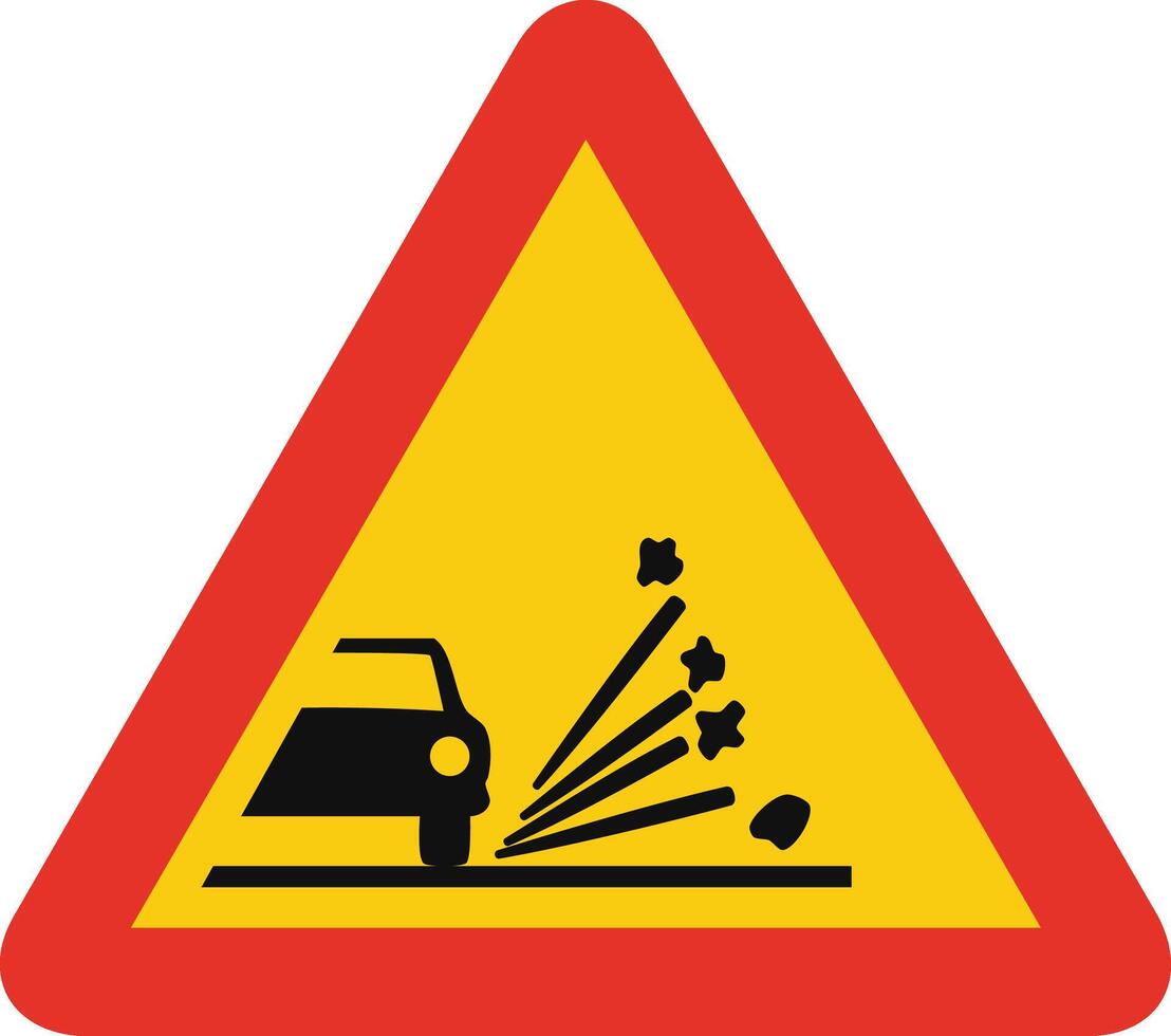 Triangular traffic signal in yellow and red, isolated on white background. Temporary warning of loose gravel vector