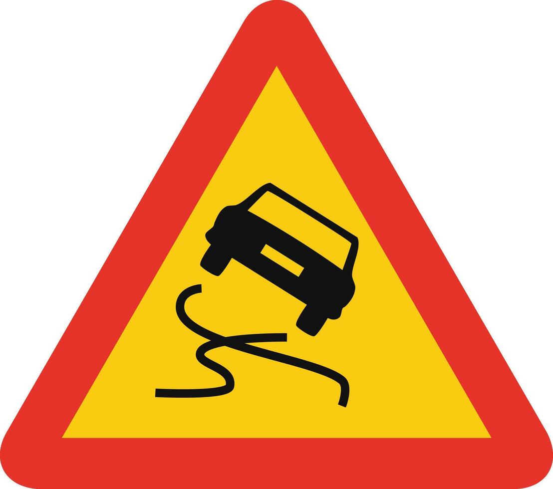 Triangular traffic signal in yellow and red, isolated on white background. Temporary warning of slippery road vector