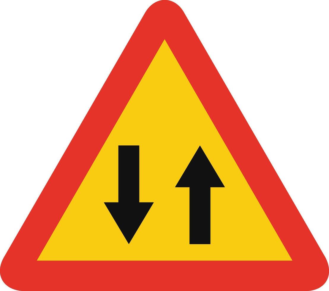 Triangular traffic signal in yellow and red, isolated on white background. Temporary warning of two-way traffic straight ahead vector