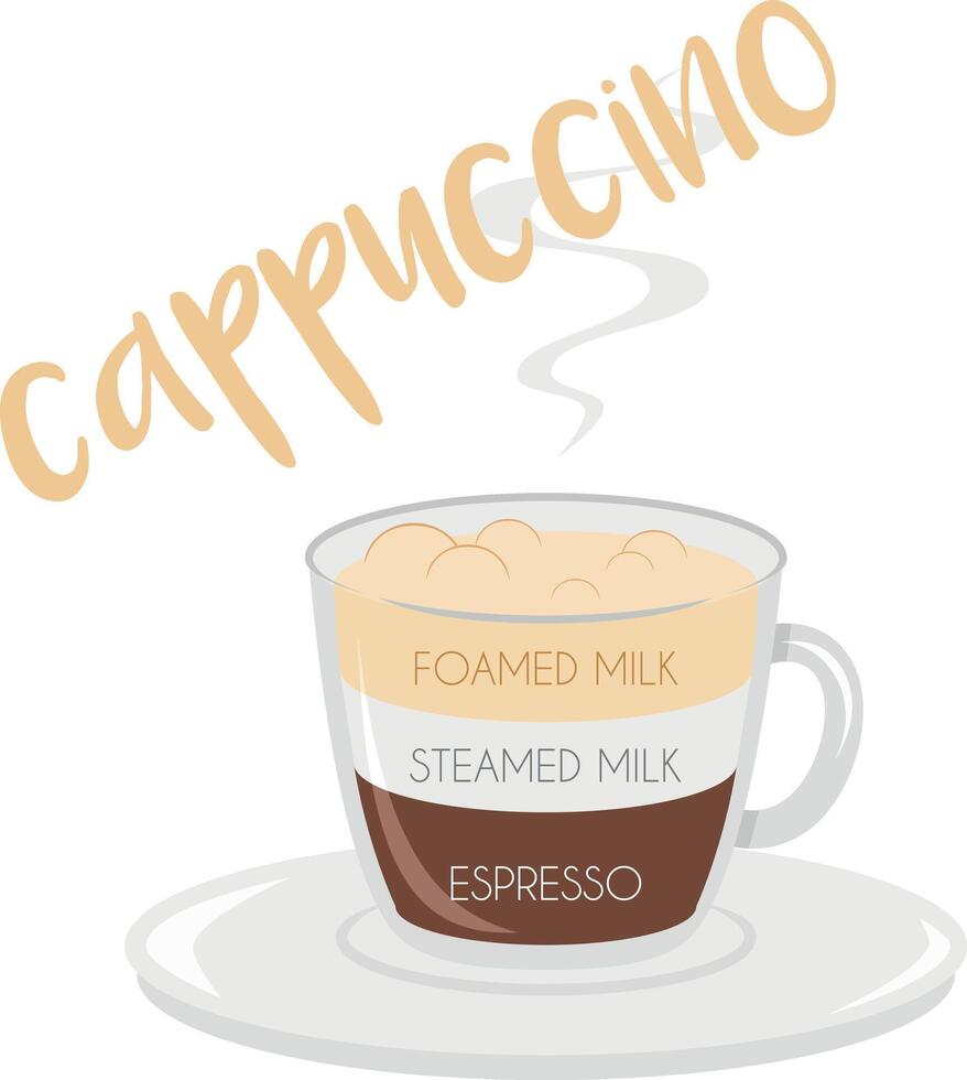 illustration of a Cappuccino coffee cup icon with plate and name and its preparation and proportions. vector