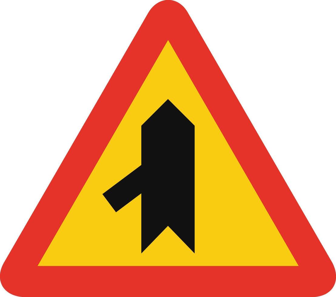 Triangular traffic signal in yellow and red, isolated on white background. Temporary warning of sharp junction on the left vector